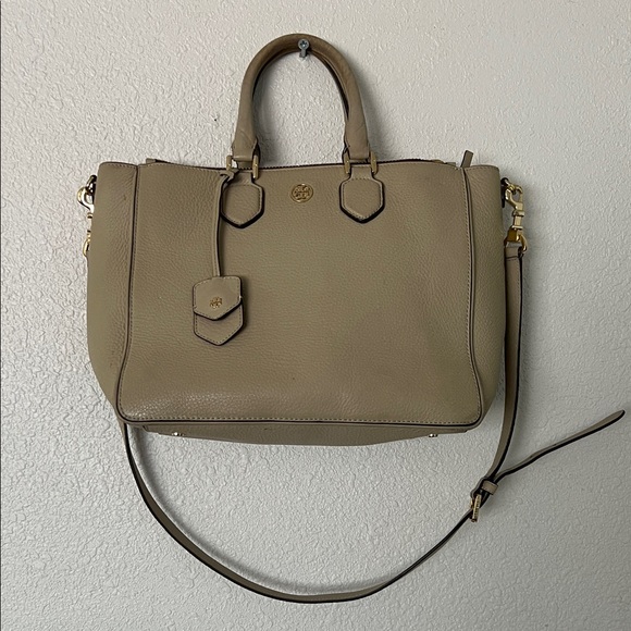 Tory Burch Handbags - Tory Burch Pebbled Leather Satchel in Taupe with Gold Hardware EUC
